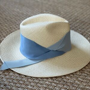 Freya Gardenia Hat with Light Blue Ribbon